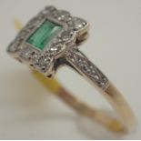 9ct gold and platinum Art Deco style emerald and diamond ring size N