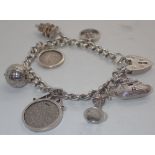 Silver curb charm bracelet with padlock clasp 39g