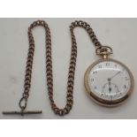Gold plated crown wind screw back open face pocket watch with secondary dial and Albert chain