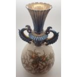 Royal Worcester ivory ground fluted neck vase with gilt and floral decoration c1890 H: 28 cm