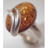925 silver cabachon amber ring size N