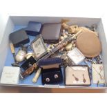 Mixed box of costume jewellery including antique ivory pendant fobs compact etc
