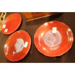 Three Bernard Moore flambe plates two clearly signed and one feint with Minton impressed mark