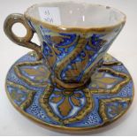Italian majolica cup and saucer with cockerel backstamp