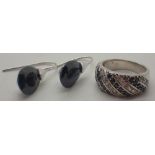 925 silver black and white stone set ring with 925 silver black stone earrings size M