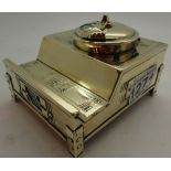 Brass Arts and Crafts inkwell with enamelled panel W: 11 cm CONDITION REPORT: