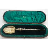 Superb quality hallmarked silver gilt anointing spoon with original case family history suggests