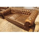 Brown leather Chesterfield settee L: 205 cm