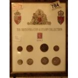 Two framed Britannia coin and stamp collection pictures