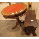 20thC drum table on tripod support with leather insert and a stool