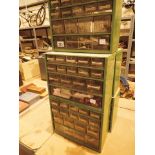 Five metal cased storage boxes with fifteen plastic drawers and contents