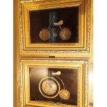 Two small framed cycle pictures made of coins one penny farthing and one threepenny piece cycle