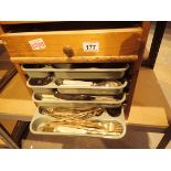 Wooden cutlery box with plastic trays and contents