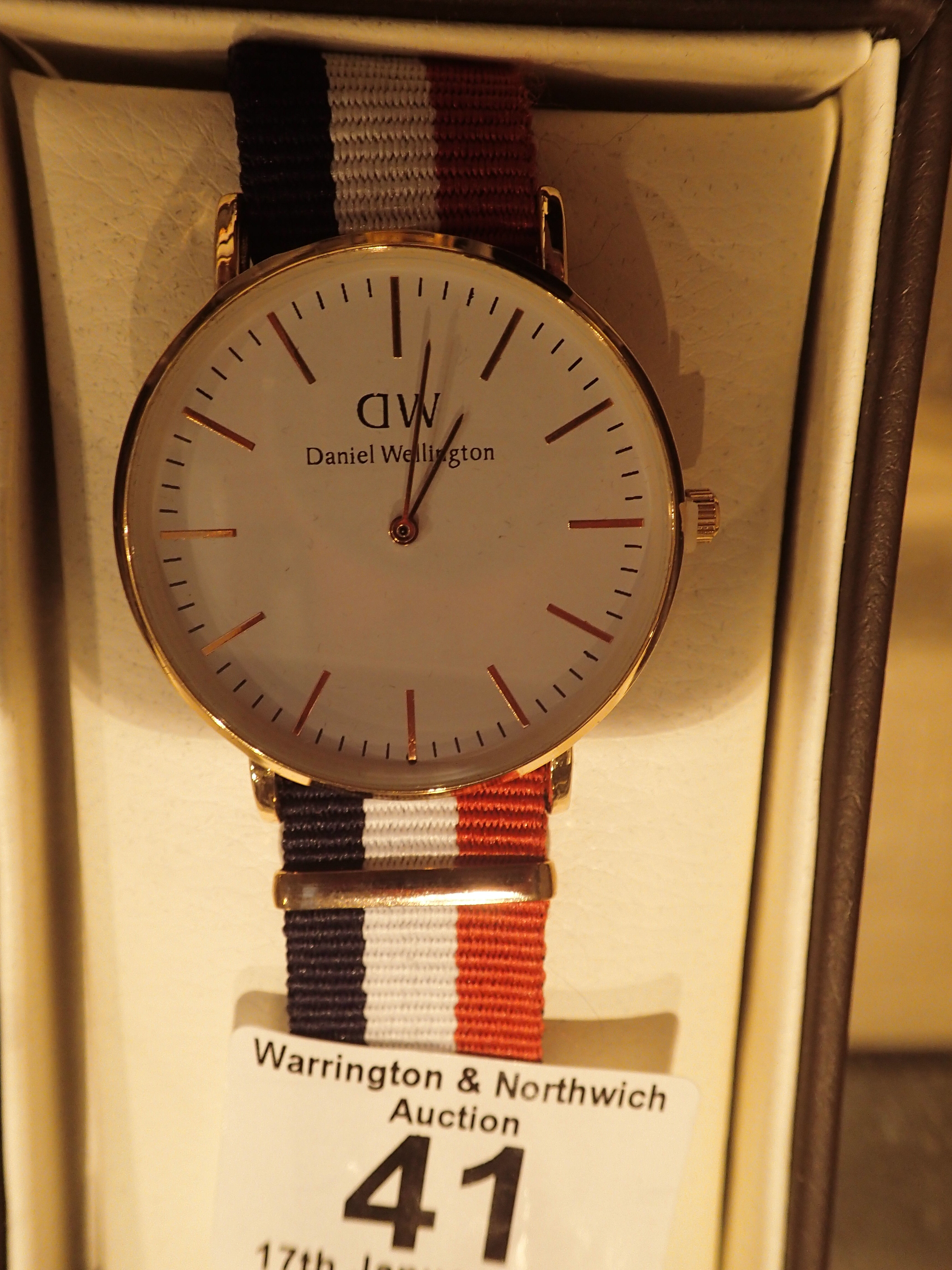 New and boxed Daniel Wellington gold coloured wristwatch with fabric strap