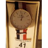 New and boxed Daniel Wellington gold coloured wristwatch with fabric strap