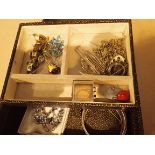 Faux shagreen jewellery box with contents including silver