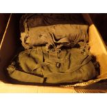 Box of military canvas kit and gun bags