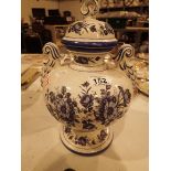 Large lidded blue and white vase