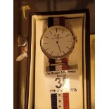 New and boxed Daniel Wellington gold coloured wristwatch with fabric strap