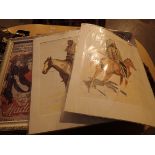 Three American pictures of Indians on horseback and two framed pictures