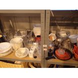 Two shelves of mixed items vases kitchenalia glass etc