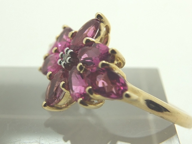 9ct gold pink stone and diamond flower ring ( new old stock ) size N/O
