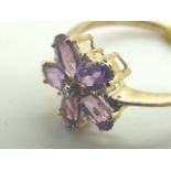 9ct gold fancy amethyst and diamond flower ring size M