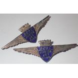Two white metal and enamel BOAC Junior Jet Club badges