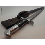 Swiss bayonet with steel scabbard and leather frog marked Elsener Schwyz