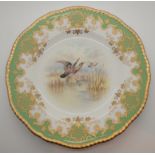 Set of six Coalport green ground cabinet plates decorated with various game birds signed PH Simpson