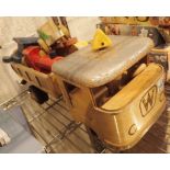 Vintage wooden tipper truck lorry marked W and a wooden train with carriages and trucks