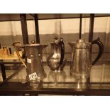 Three Arts and Crafts coffee pots one with stag antler handle