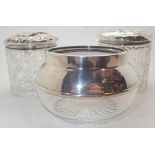 Three silver topped cut glass dressing table items two with lids