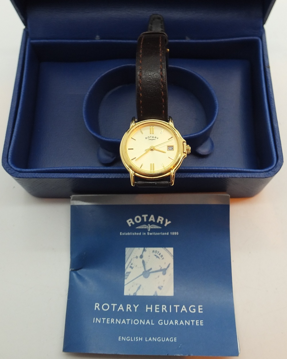 Gold plated Rotary wristwatch on leather strap ( box and booklet present )