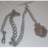 Silver watch chain with t-bar and fob L: 30cm 36g CONDITION REPORT: No damage or