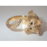 Gold plated silver kitten ring with sapphire eyes