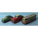 Three German vintage tinplate toys two cars and a tram