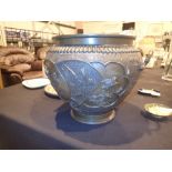 Large Japanese bronze jardiniere decorated with chrysanthemums and birds with twin handles D: 37 cm