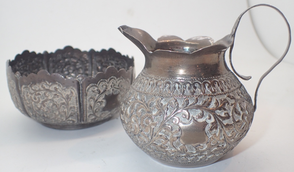 Indian white metal sugar bowl and creamer