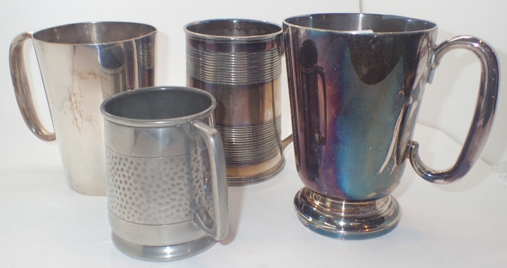 Four silver plated military related tankards attributed to Captain EA Packe MBE DFC Trooper