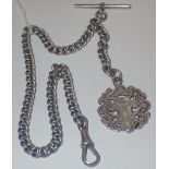 Silver watch chain with t-bar and fob L: 38 cm 57g CONDITION REPORT: No damage to