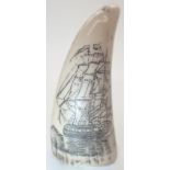 Faux marine ivory scrimshaw whale tooth H: 7 cm