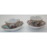 Pair of continental miniature cabinet cups and saucers with crossed swords backstamps
