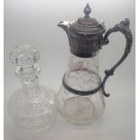 Victorian etched glass claret jug with silver plated mount and sprout and a Victorian decanter