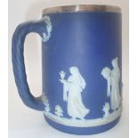 Wedgwood blue Jasperware mug with Elkington silver rim assay London 1910