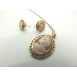 9ct gold cameo studs and pendant set on 9ct gold curb chain