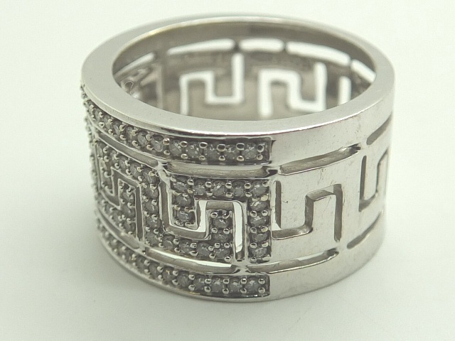 9ct white gold wide diamond set Greek Key band size Q