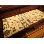 Boxed Mahjong set with bone and bamboo tiles and trays set complete