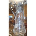Art Nouveau etched glass claret jug with silver plated mount spout and lid H: 34 cm