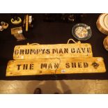 Two wooden signs Man Cave and Man Shed bottle opener sign